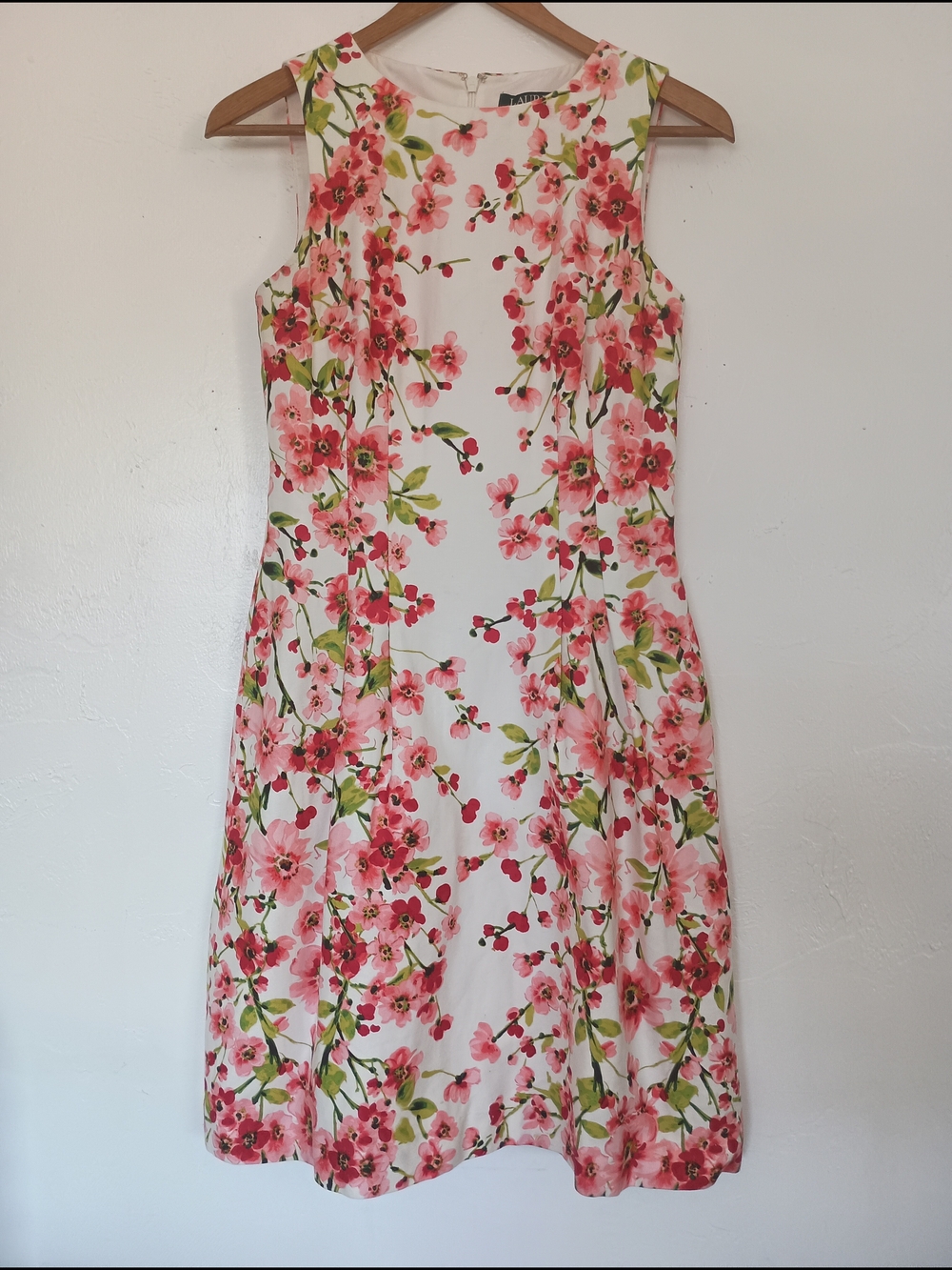 Lauren Ralph Lauren Cotton White Midi Dress with Pink Floral Pattern